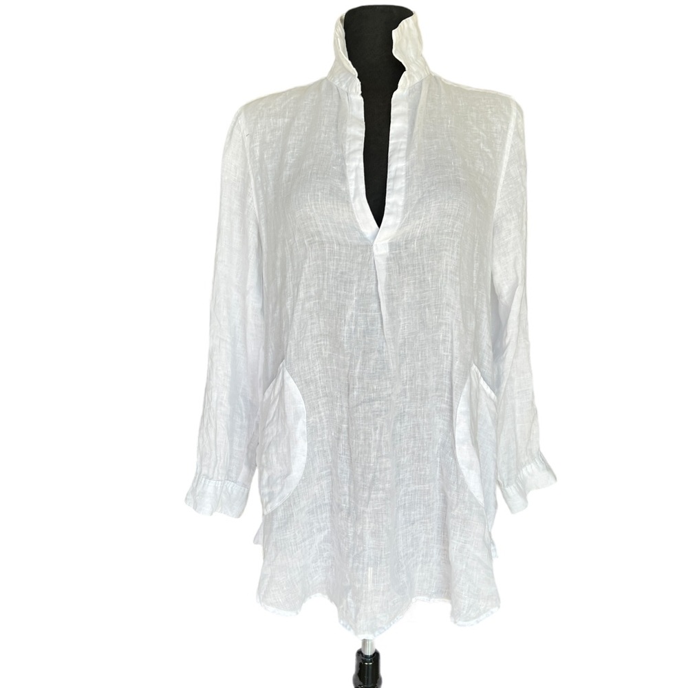 FORCYNTHIA BEACHWEAR LINEN POPOVER TOP POCKETS Excellent Pre-Owned Condition MED